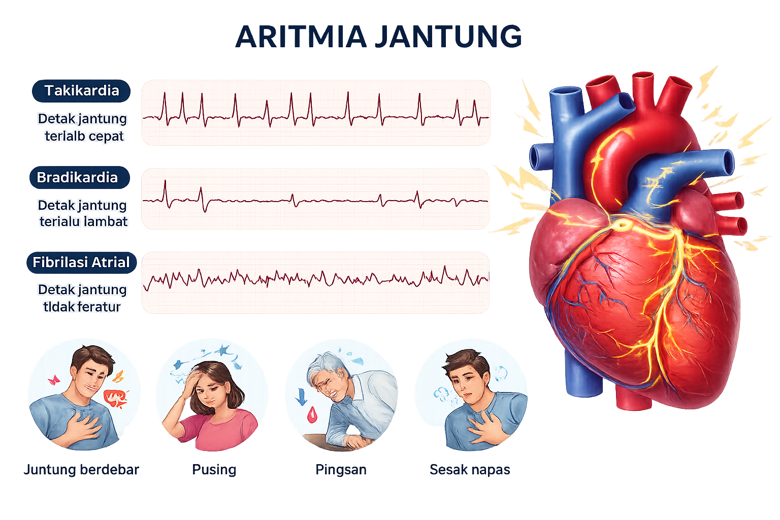 Aritmia jantung — ilustrasi gangguan irama jantung tidak teratur (fibrilasi atrium, takikardia)