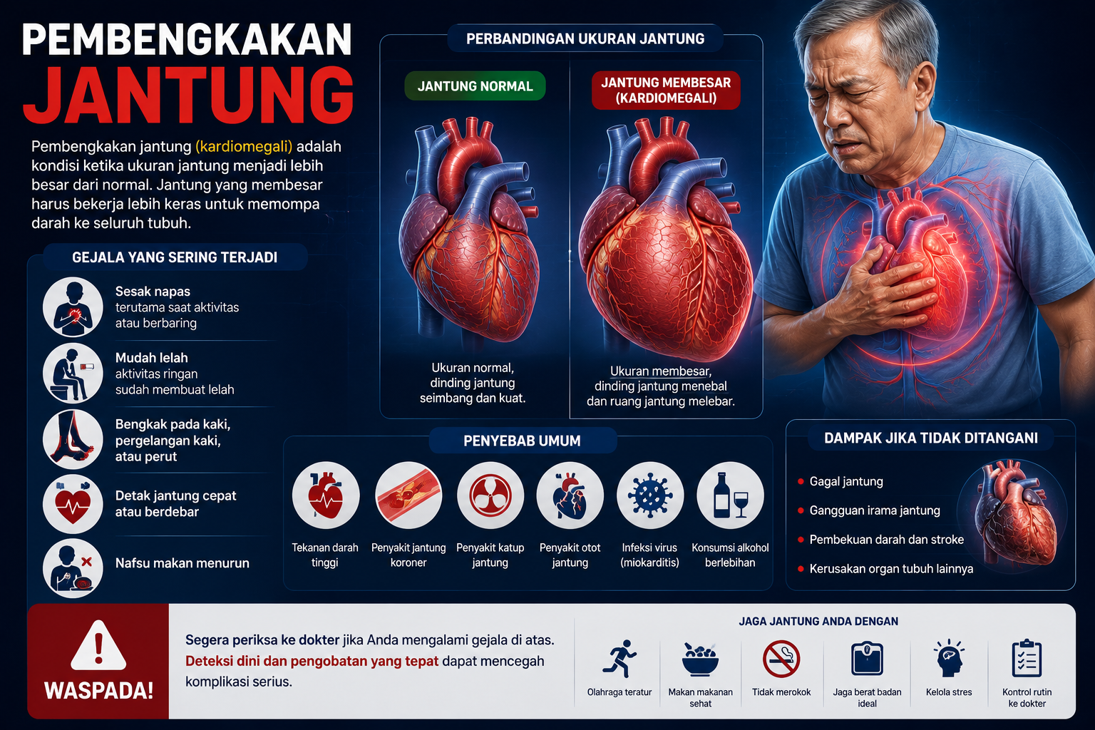 Pembengkakan jantung (cardiomegaly) — ilustrasi jantung membesar akibat hipertrofi atau dilatasi