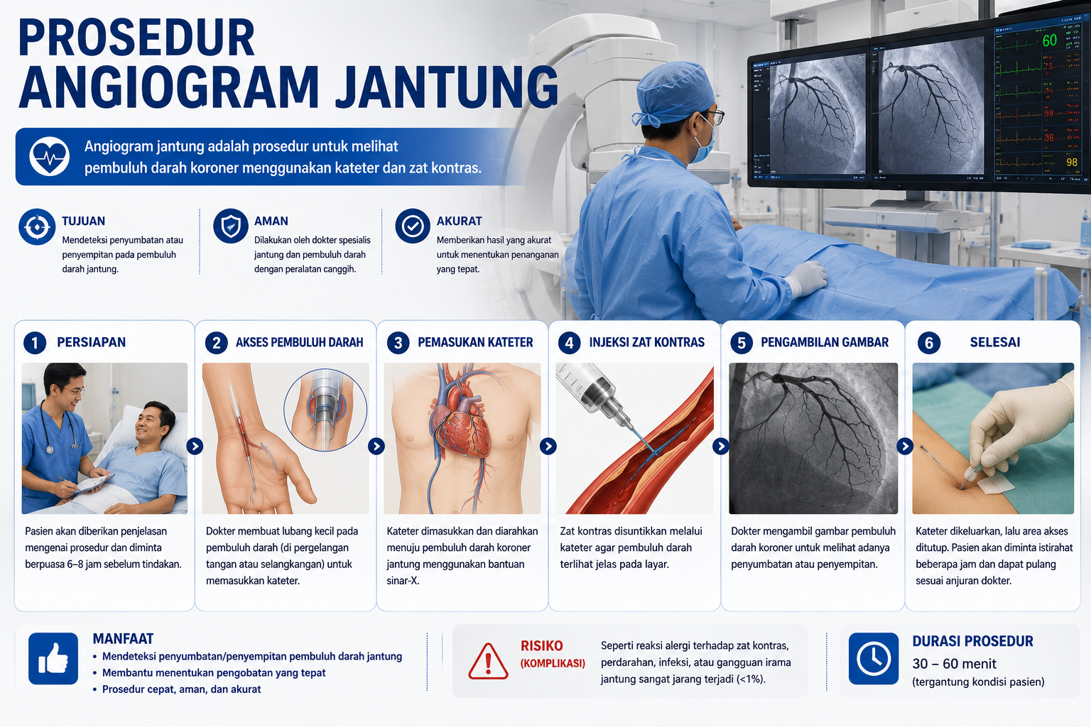 Tahapan prosedur angiogram jantung: kateter dimasukkan melalui pergelangan tangan menuju arteri koroner di Cath Lab