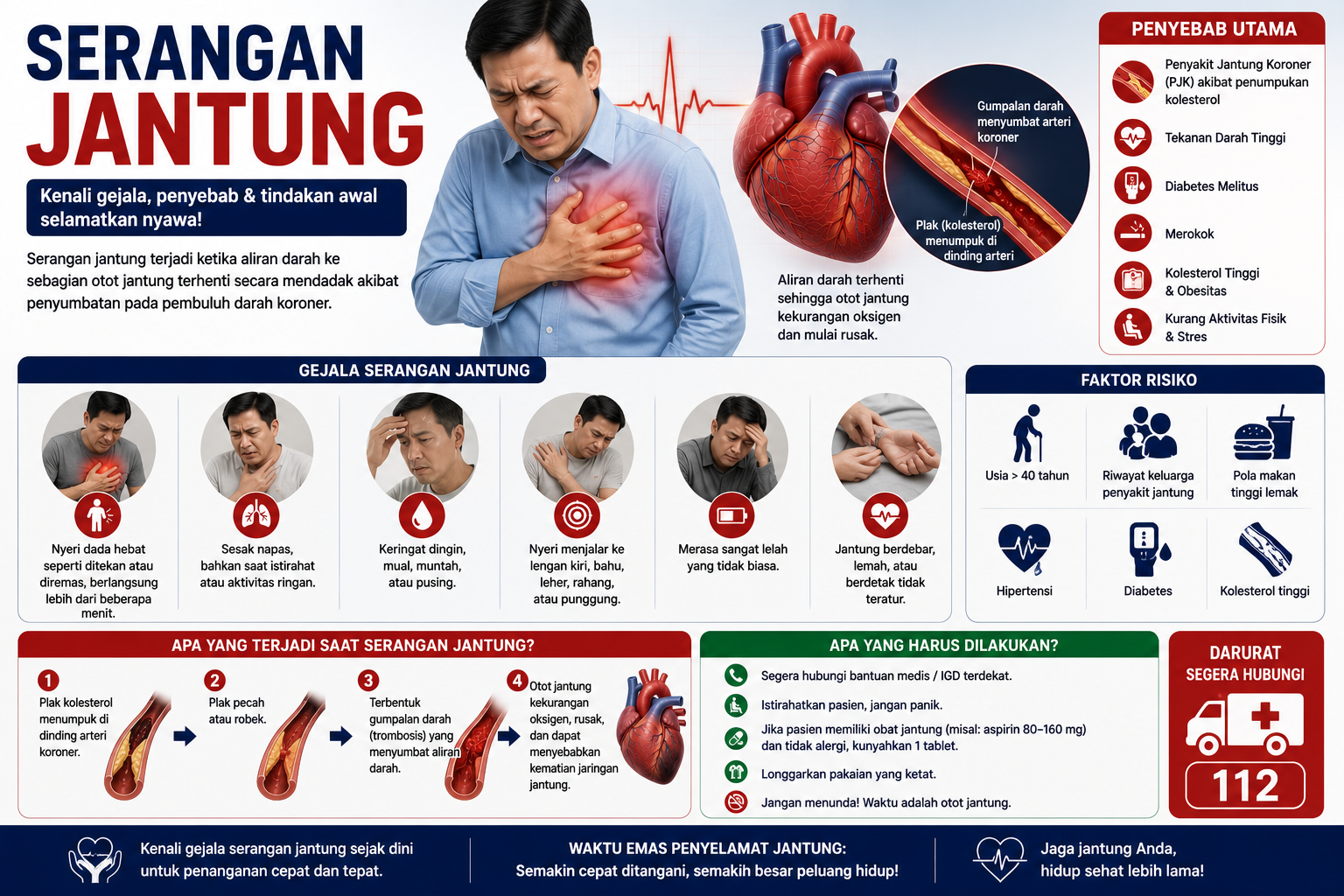 Serangan jantung (heart attack) — arteri koroner tersumbat menyebabkan kematian otot jantung
