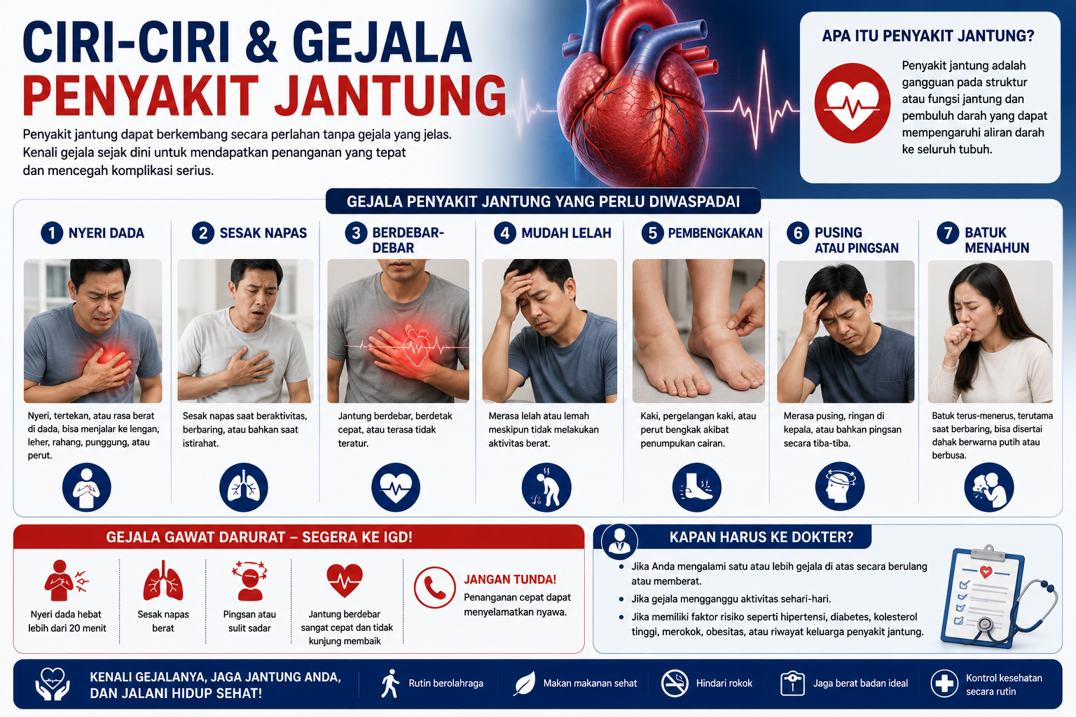 Ciri-ciri dan gejala penyakit jantung — nyeri dada, sesak napas, jantung berdebar, dan bengkak kaki