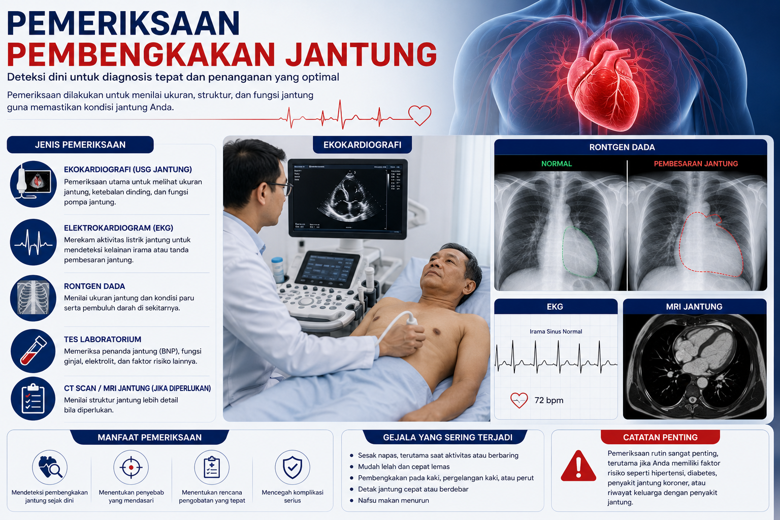 Pemeriksaan pembengkakan jantung — echo, rontgen, EKG, MRI, dan tes darah untuk diagnosis cardiomegaly