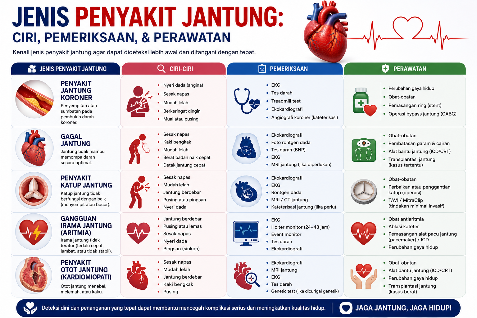 Jenis-jenis penyakit jantung — koroner, gagal jantung, aritmia, katup, dan pembengkakan jantung