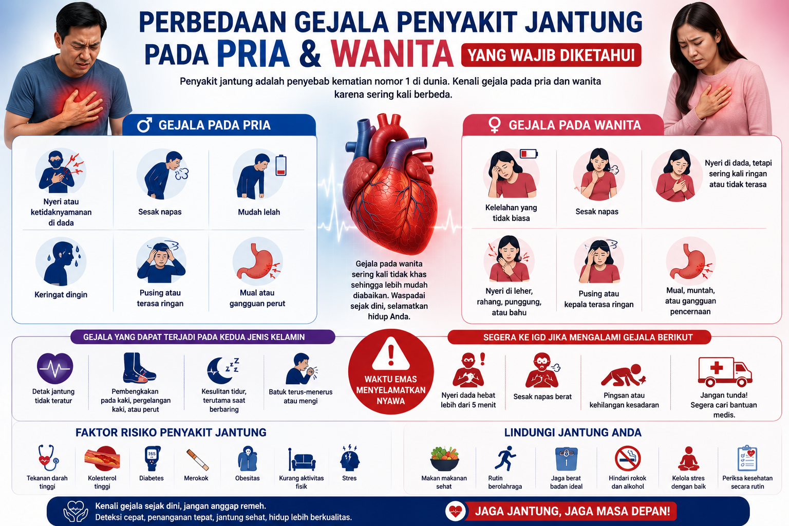 Perbedaan gejala penyakit jantung pada pria dan wanita — gejala khas pria vs gejala atipikal wanita